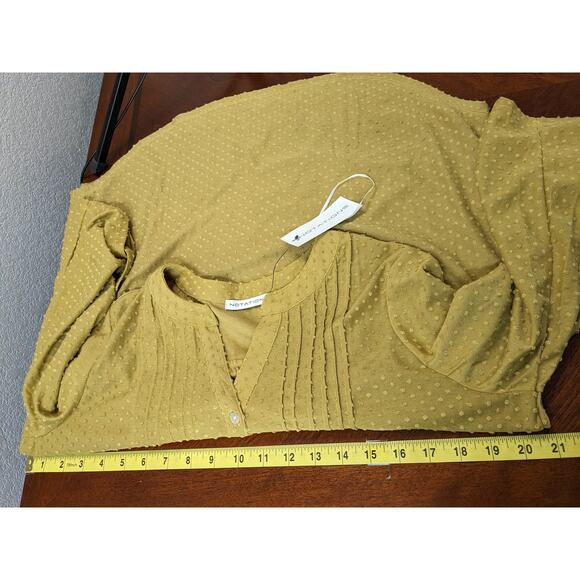 Notations Textured Blouse M Brown Split VNeck Button Roll Cuff Sleeve Hi Low Hem - Picture 6 of 9